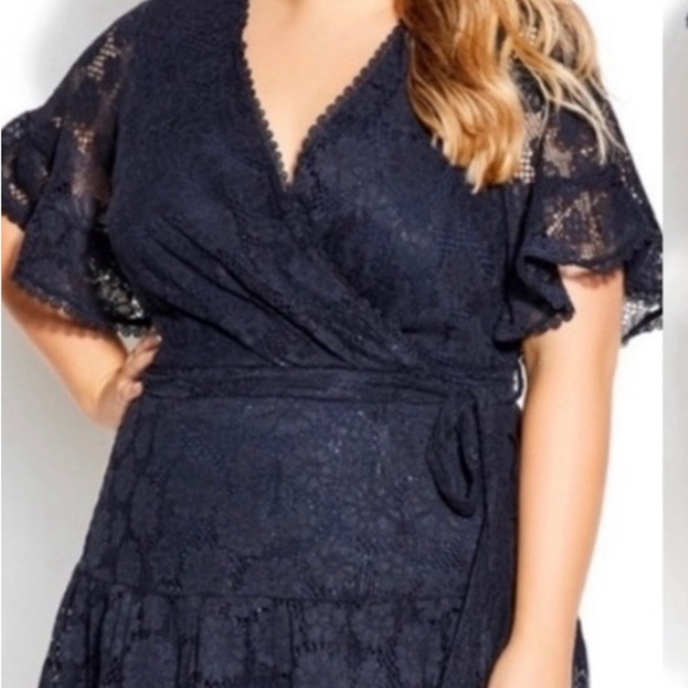 NWT City Chic Garden Kisses Lace V-Neck Ruffle Sleeve Mini Dress in Navy